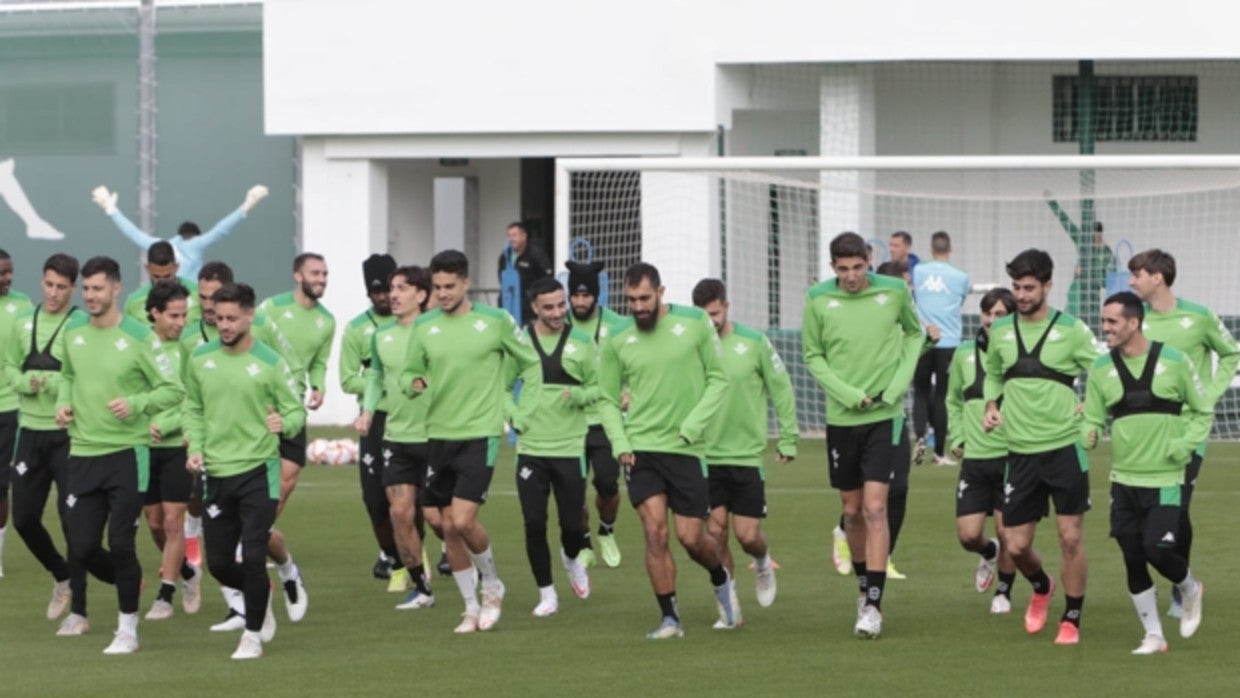 Los jugadores del Real Betis realizan carrera continua en un entrenamiento