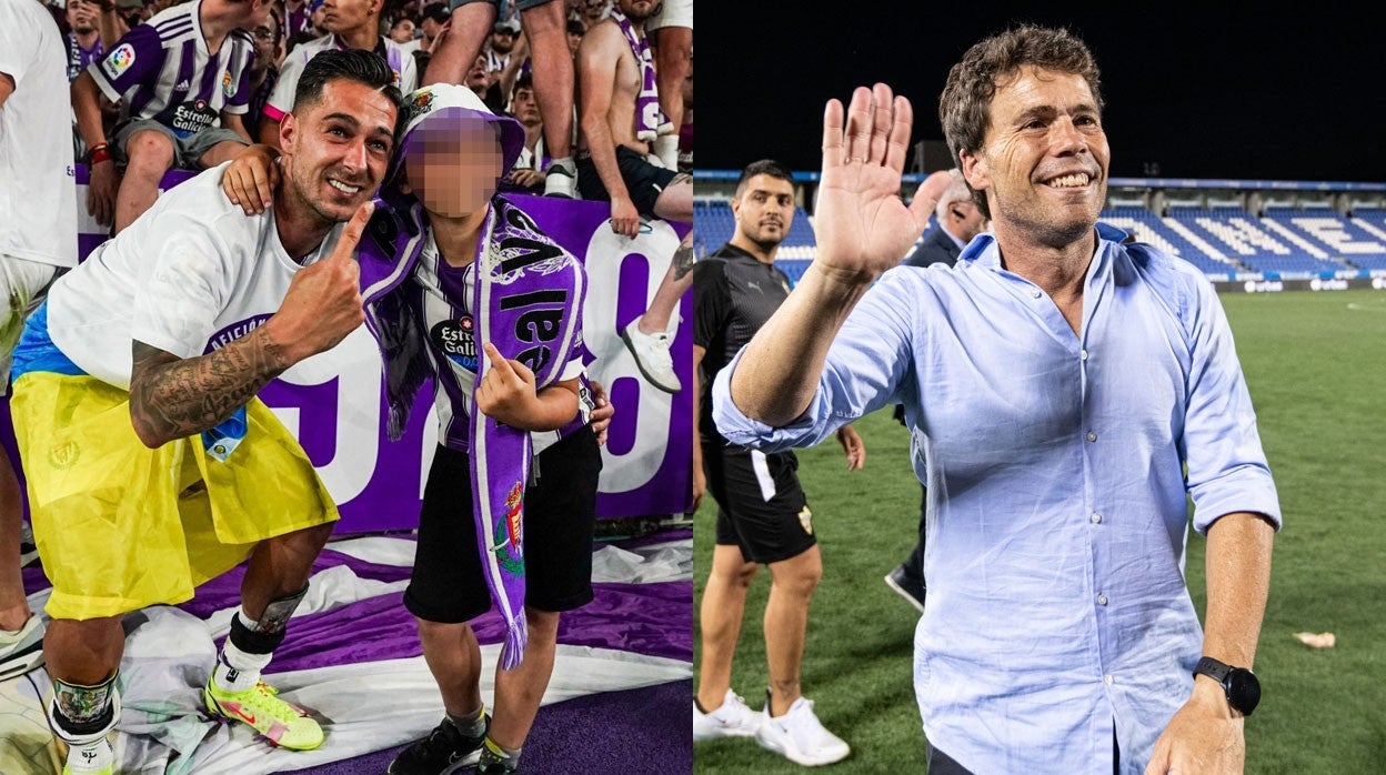 A la izquierda, Sergio León celebra el ascenso del Valladolid; a la derecha, un emocionado Rubi saluda tras ascender con el Almería
