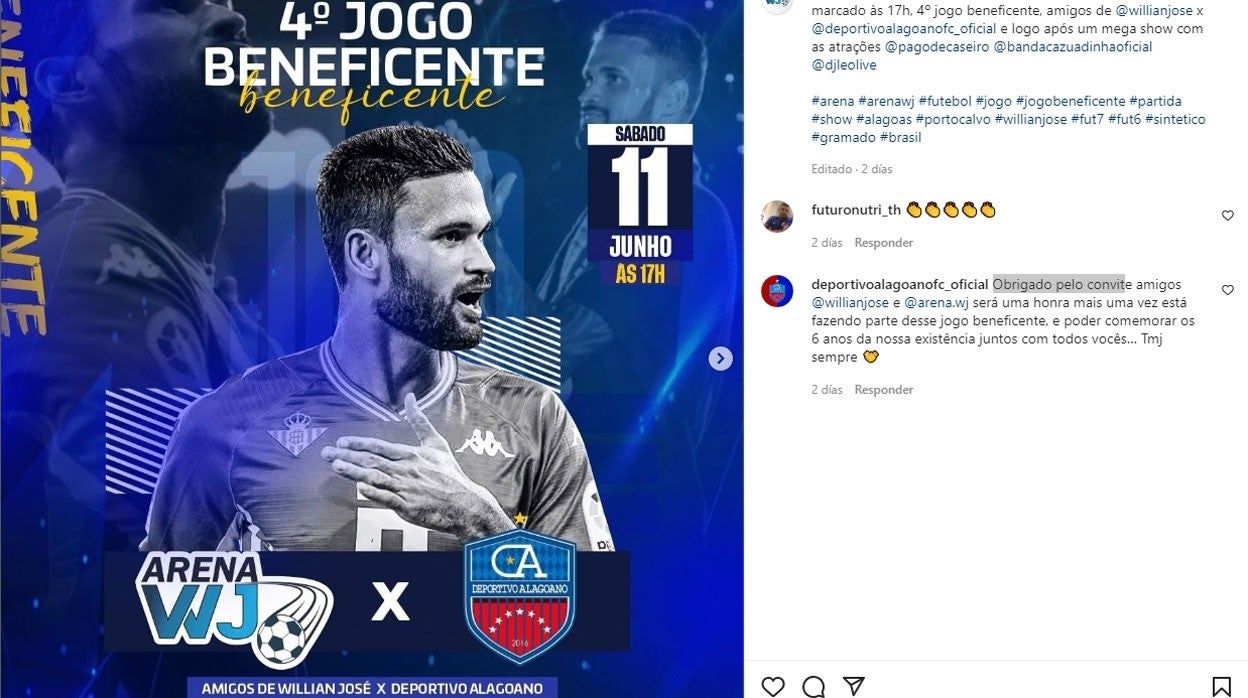 Cartel del cuarto partido benéfico que Willian José organiza en su localidad natal en Brasil