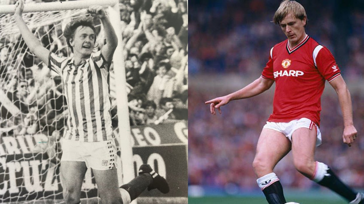 A la izquierda, Peter Barnes celebra el tanto que anotó en el Real Betis - Real Madrid en la 82-83; a la derecha, durante su etapa en el Manchester United entre 1985 y 1987
