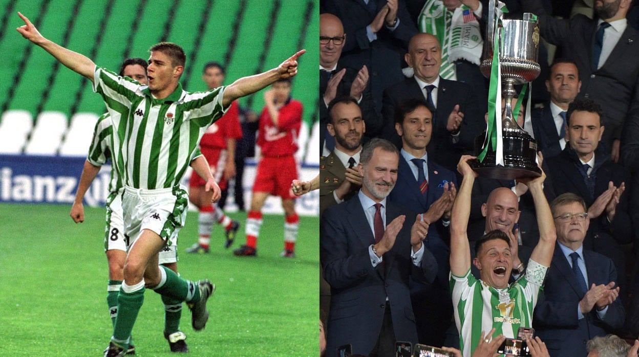 A la izquierda, Joaquín celebra uno de los goles que marcó en su primera temporada con el Betis; a la derecha, el capitán levanta la Copa del Rey ganada en 2022