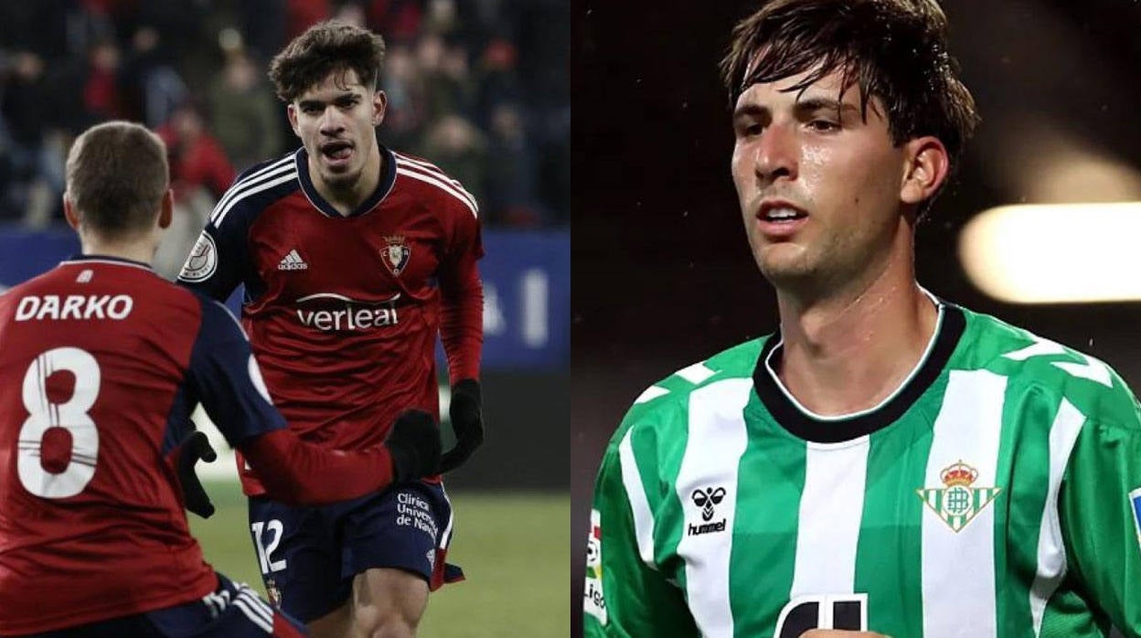 A la izquierda, Ez Abde celebra un gol con la camiseta del Osasuna; a la derecha, Juan Miranda en un partido con el Betis durante la pasada temporada