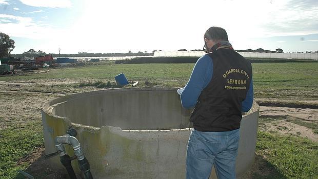 Un agente del Seprona de la Guardia Civil junto a un pozo ilegal