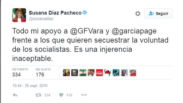 Susana Díaz ha subido esta tarde un tuit de apoyo a Fernández Vara y García Page