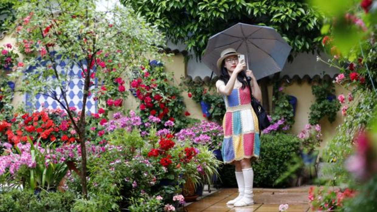 Una turista japonesa, durante la última edición del concurso de los Patios de Córdoba