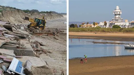 Los trabajos en la playa de Isla Cristina, en las imágenes del antes y después sobre estas líneas, estarán finalizados esta semana