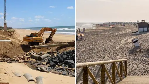 A la izquierda, imagen de las obras de reparación en Mazagón;junto a ella, la playa tras los trabajos ya finalizados