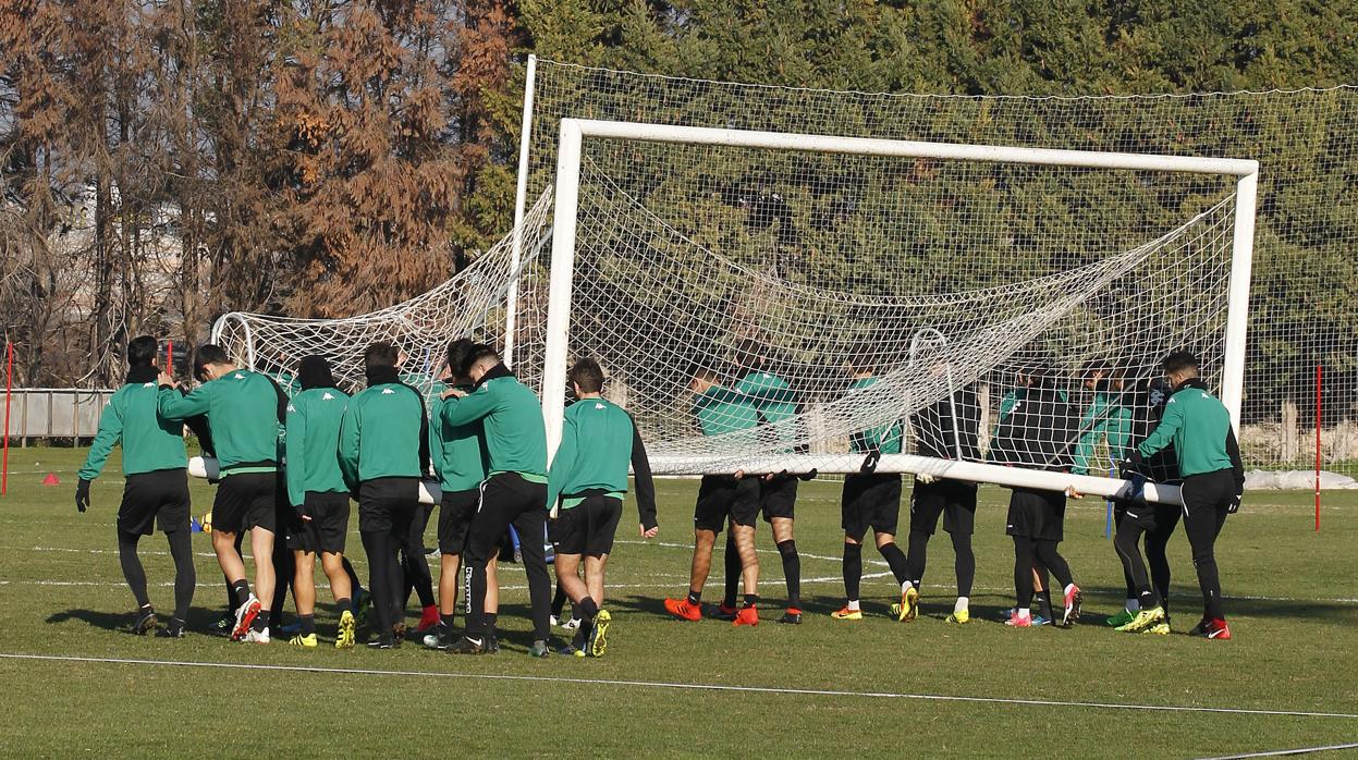 La plantilla del Córdoba CF mueve una portería en la Ciudad Deportiva Rafael Gómez