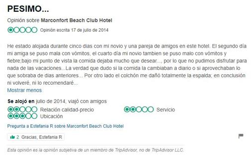 El hotel de Torremolinos acumula quejas por enfermedad de los clientes desde 2012