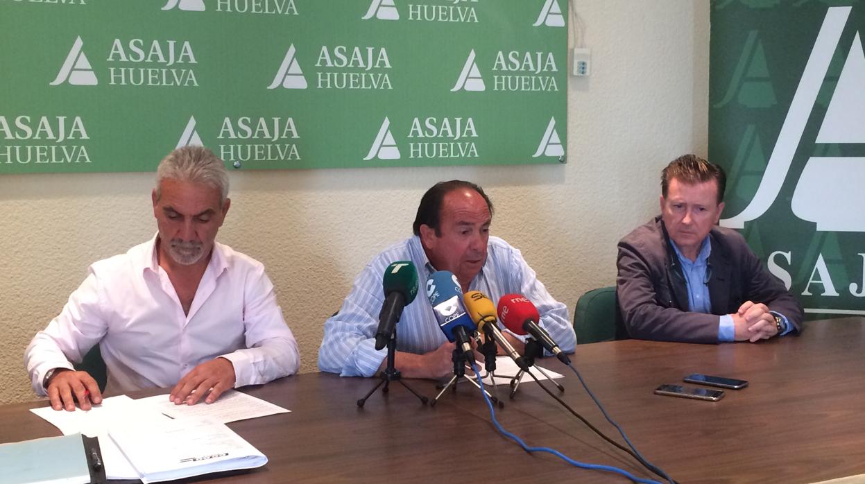 De izquierda a derecha, Juan Díaz Alonso (CC.OO.), José Luis Marín (Asaja Huelva) y Joaquín Vázquez (asesor jurídico deel convenio)