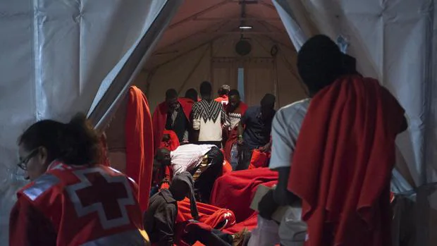 Un centenar de inmigrantes pasan la noche en el suelo de una carpa en el Puerto de Málaga