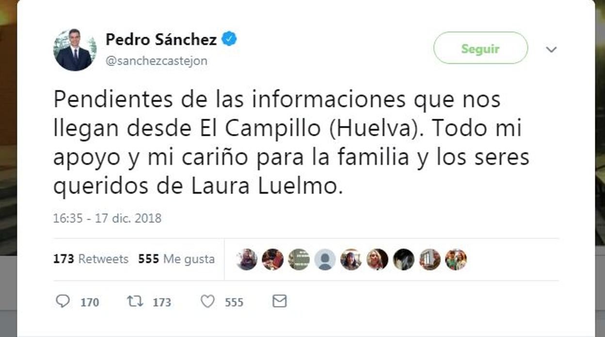 Pedro Sánchez y Susana Díaz muestran su pesar y su apoyo a la familia de Laura Luelmo