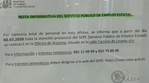 Trabajo echa el cierre a la oficina de empleo de Cortegana por falta de personal