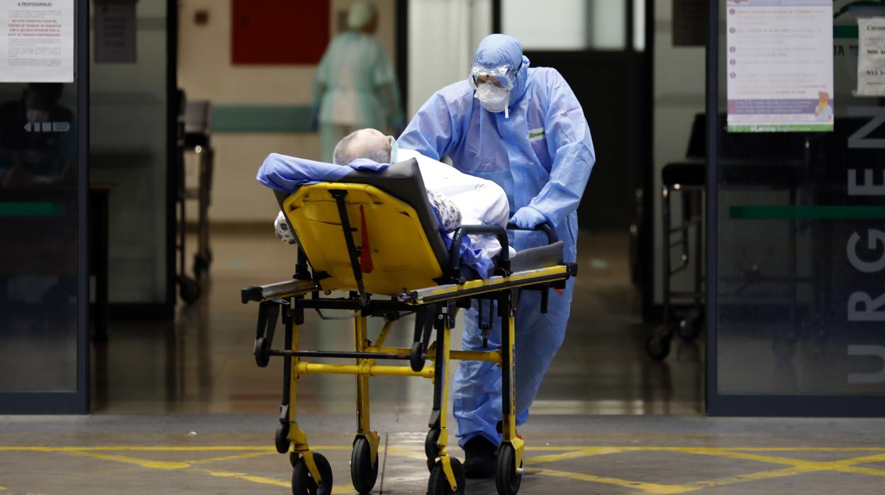 Un sanitario con mascarillas conduce a un paciente por el Hospital Reina Sofía de Córdoba
