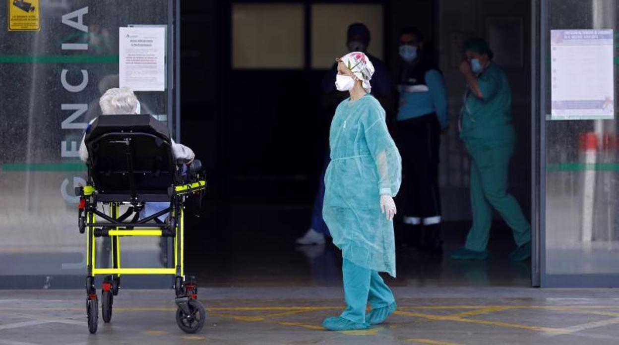 Una sanitaria atiende un ingreso en las puertas de Urgencias del hospital Reina Sofía