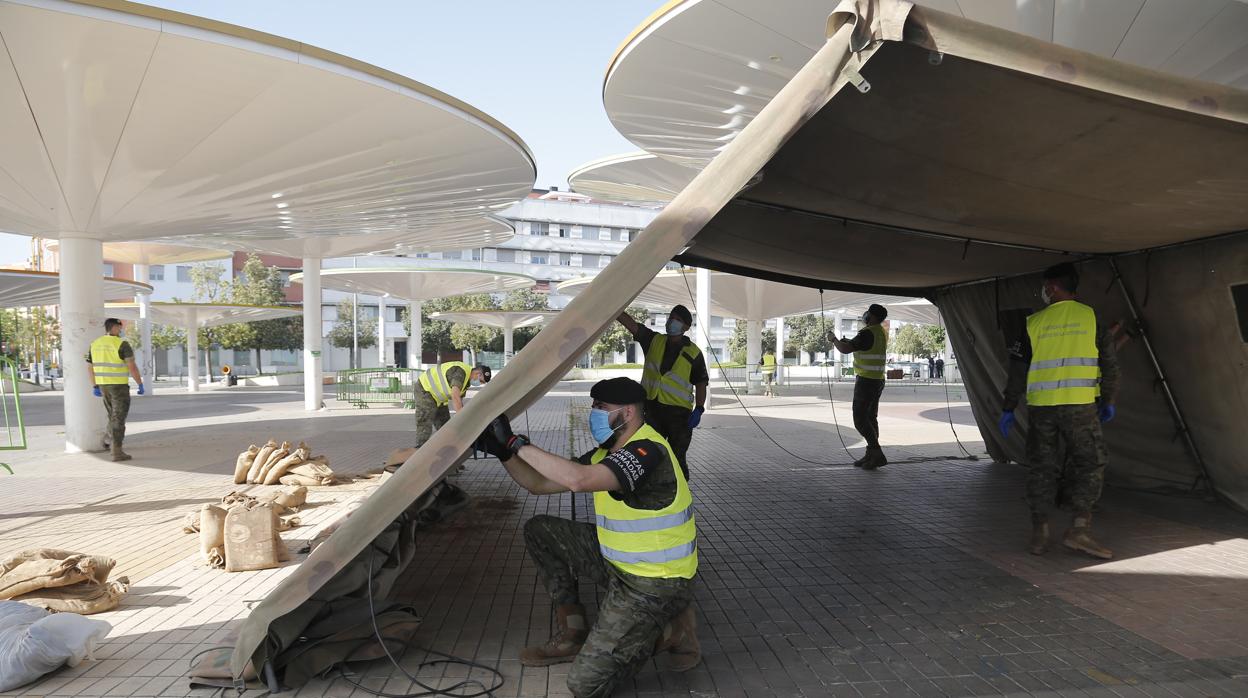 Soldados de la brigada desmontan las carpas instaladas en la zona de las setas en Córdoba