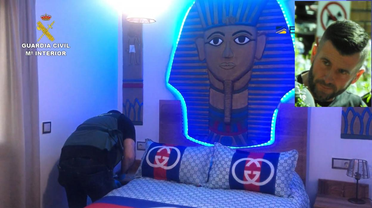 Imagen de una de las habitaciones de la vivienda de «El Pincho», y su foto, arriba a la derecha