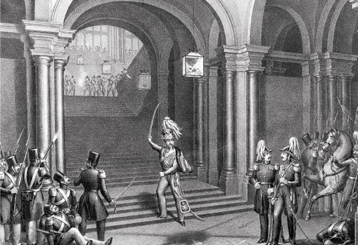 Grabado que muestra a Diego de León durante el asalto funesto al Palacio Real, que le acabaría costando la vida.
