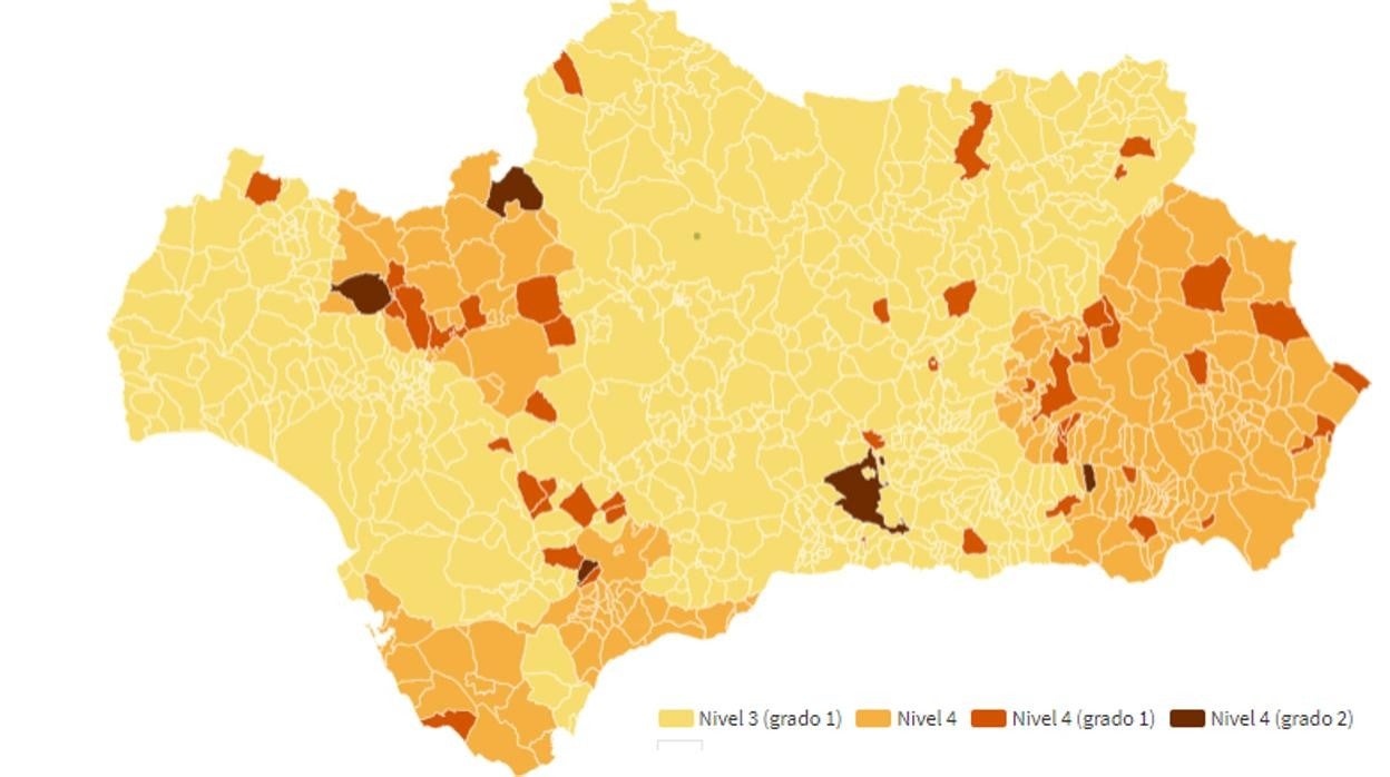 Mapa actual de los niveles de alerta en los municipios de Andalucía