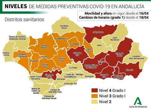 Mapa de la Junta de Andalucía según el nivel de alerta