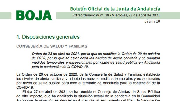 Así es el BOJA con las nuevas medidas Covid de la Junta de Andalucía, en vigor desde hoy 29 de abril
