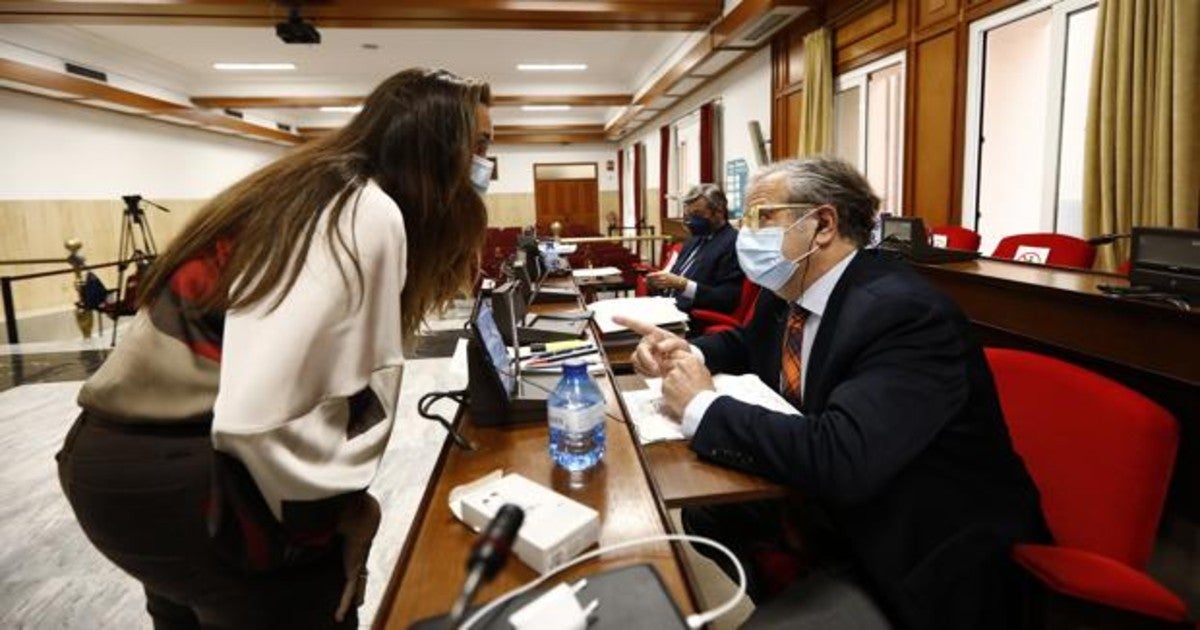 Paula Badanelli (Vox) conversa con Salvador Fuentes (PP) durante un Pleno en el Ayuntamiento de Córdoba