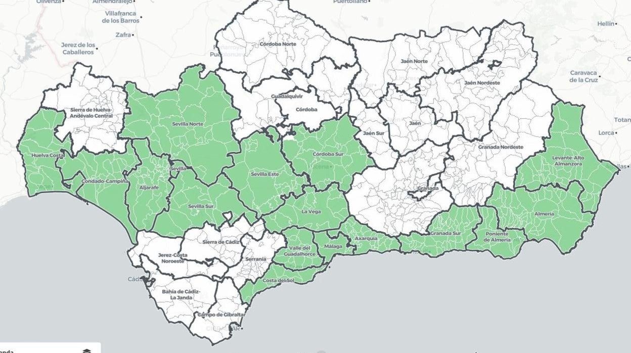 En verde los distritos sanitarios que están en nivel 1 de alerta. En blanco los de nivel cero