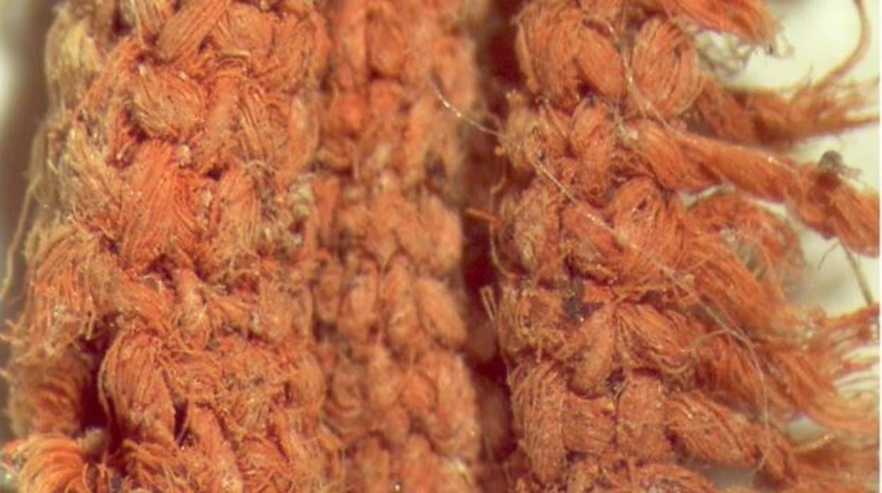 Imagen ampliada del textil 5 hallado en Peñacalera, teñido con cinabrio. La barra a escala de la izquierda representa un milímetro