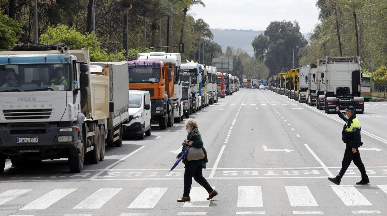 Decenas de camiones en la marcha lenta de este lunes en Córdoba por la avenida Vallellano