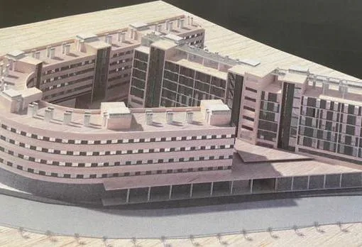 Maqueta de los bloques para mayores de Vimcorsa; el edificio en forma de U ya está terminado