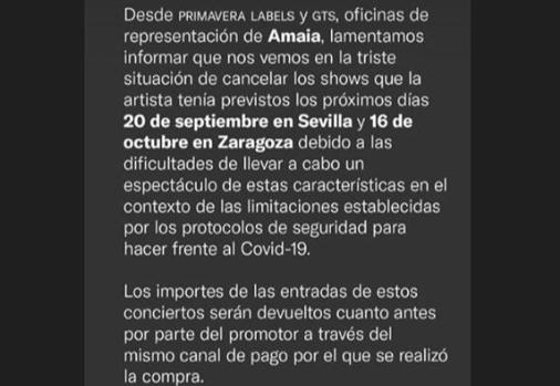 Comunicado de Primavera Labels en Instagram