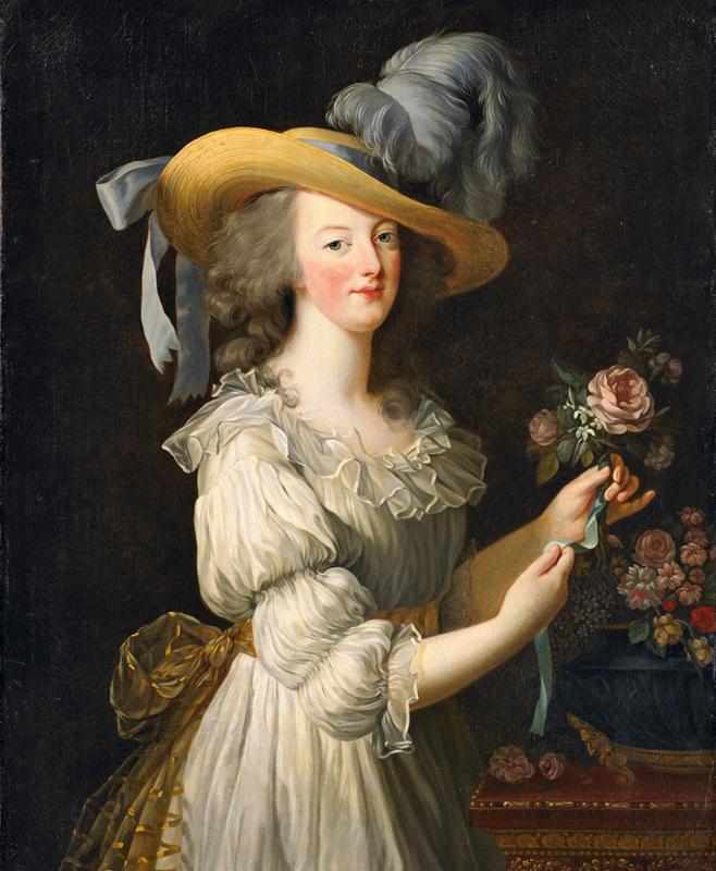 Elisabeth Vigée-Lebrun. María Antonieta con vestido de muselina. 1783. Colección particular. Este retrato, en el que la reina luce el polémico vestido-camisa creado por Rose Bertin, fue presentado en el Salón de París en 1783 pero fue retirado debido al escándalo que suscitó. María Antonieta se presentaba demasiado sencilla y sin los atributos propios de su rango