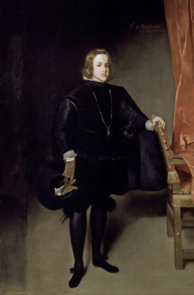 Juan Martínez del Mazo. Retrato del príncipe Baltasar Carlos. 1645. Museo del Prado. El joven príncipe va vestido de negro siguiendo la imagen oficial de la monarquía de los Austrias