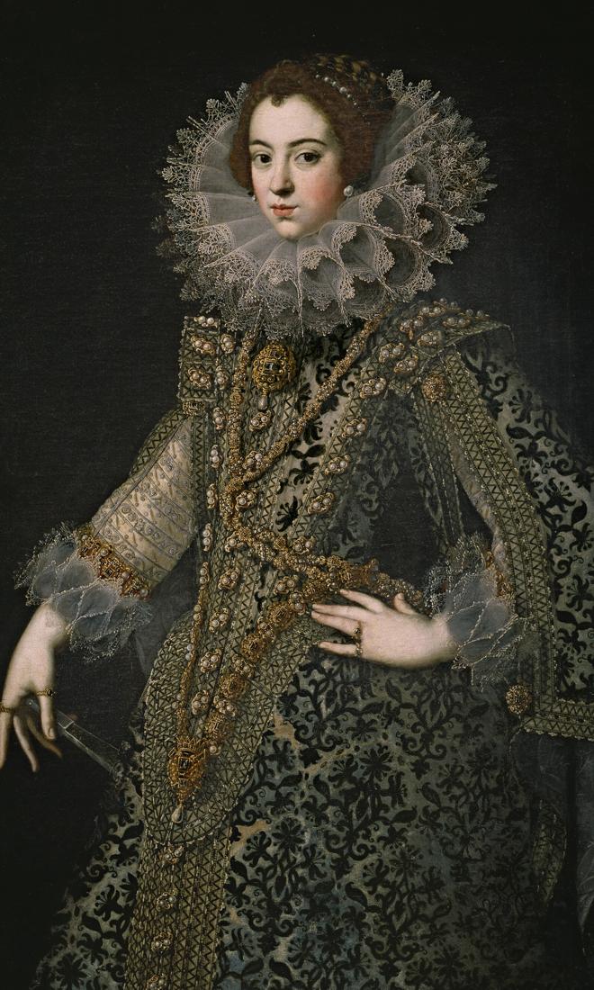 Rodrigo de Villandrando. Isabel de Borbón. Hacia 1620. Museo del Prado. Wikimedia Commons. La joven princesa luce el atuendo cortesano a la española en el que cabe destacar el hieratismo y el cuello de lechuguilla recamado por finos encajes. En la Junta de Reformación de 1623 estos cuellos fueron prohibidos