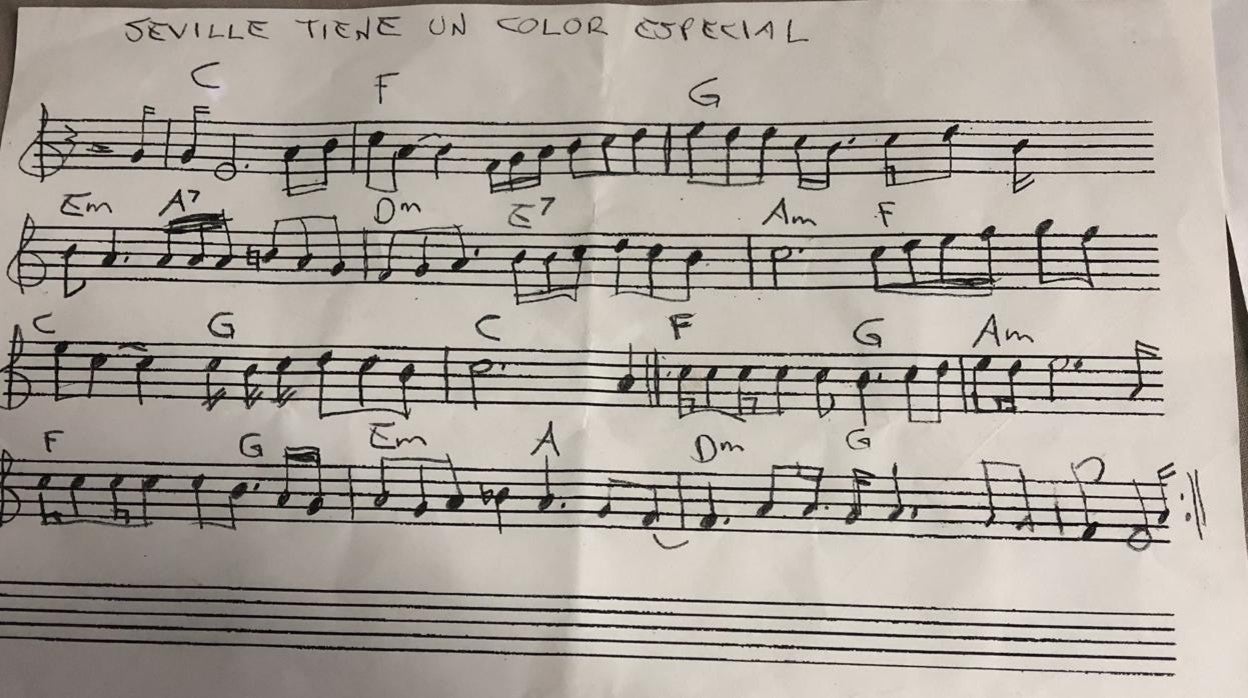 Partitura de ‘Sevilla tiene un color especial’ que usó Springsteen. Obsérvese que en el título indica 'Seville'