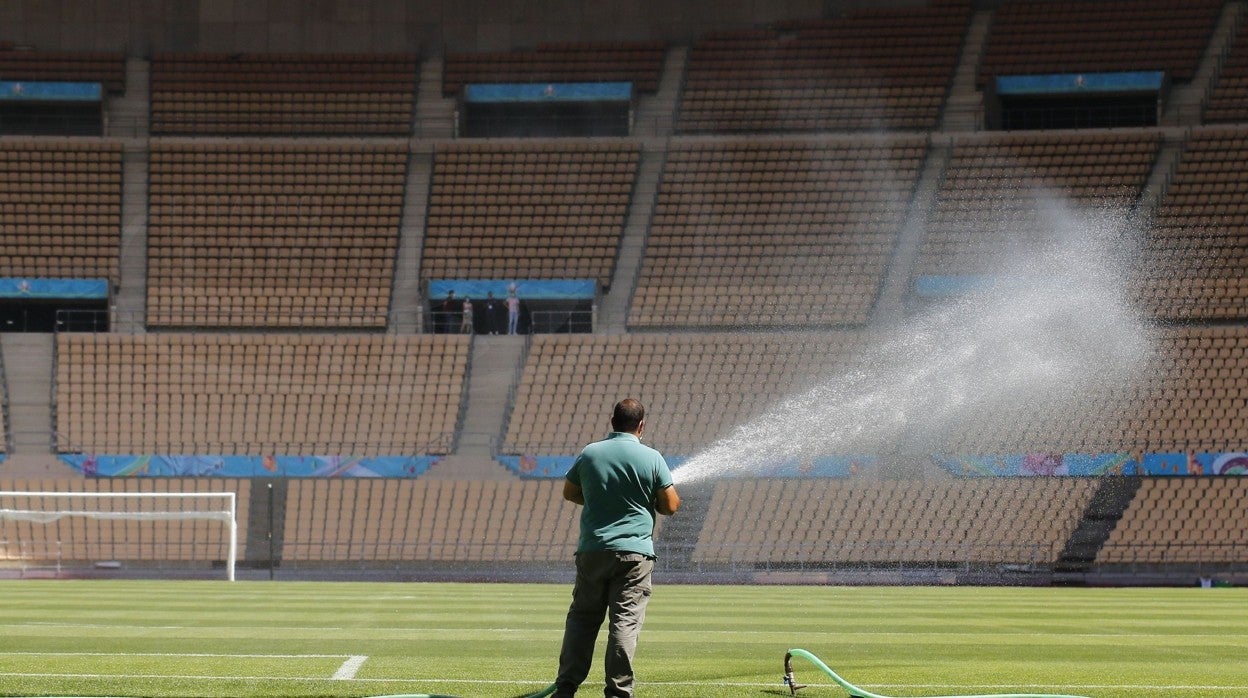 Un operario riega el césped de la Cartuja semanas antes de arrancar el torneo