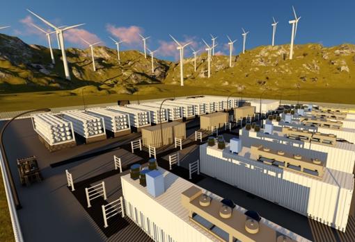 Imagen virtual de electrolizadores junto a un parque eólico