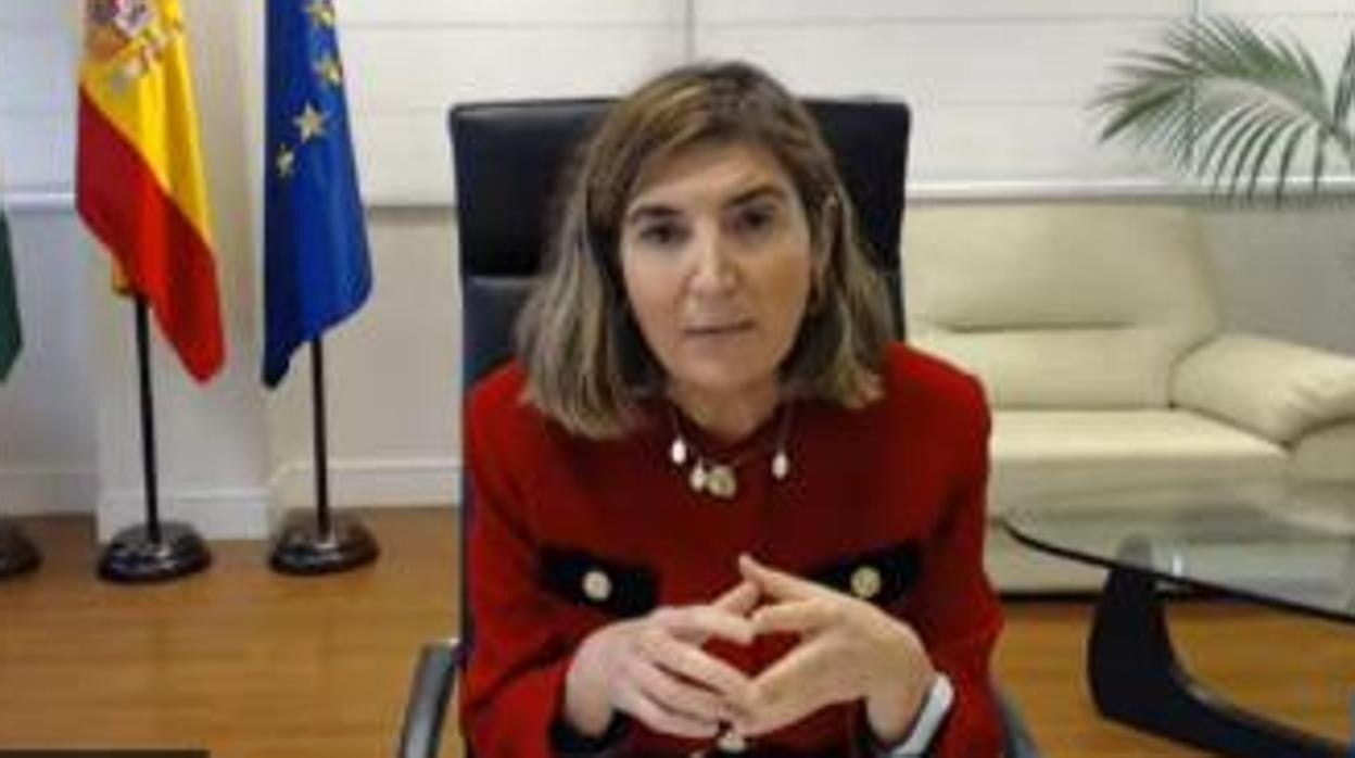 Rocío Blanco, consejera de Empleo, Formación y Trabajo Autónomo, durante el foro digital de la Cámara de Comercio de Sevilla