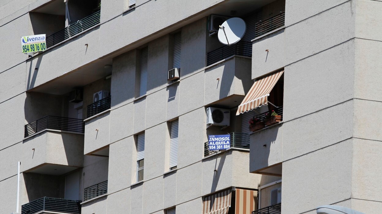 Carteles de pisos en venta y alquiler en un edificio de Sevilla