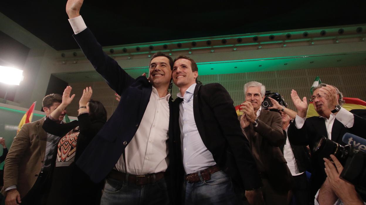 El candidato a la Junta de Andalucía, Juanma Moreno, junto al Presidente del Partido Popular, Pablo Casado