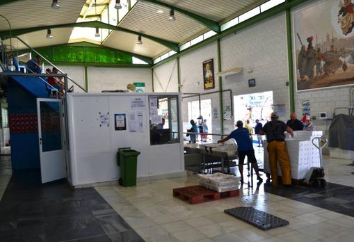 El pescado que es descargado de los barcos se coloca sobre la cinta para la subasta