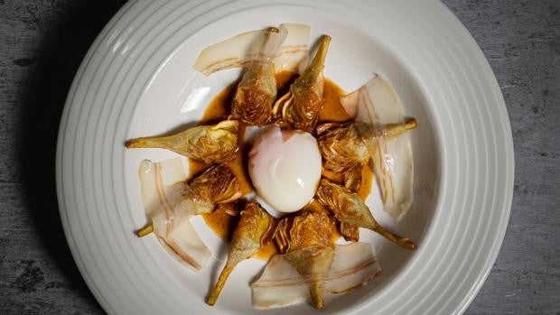 Plato de la semana: Alcachofas con papada ibérica y huevo a baja temperatura de Bodegas Trasmallo
