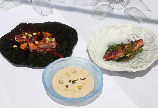 Ajo blanco, presa ibérica y pata de pulpo con crujiente de codium