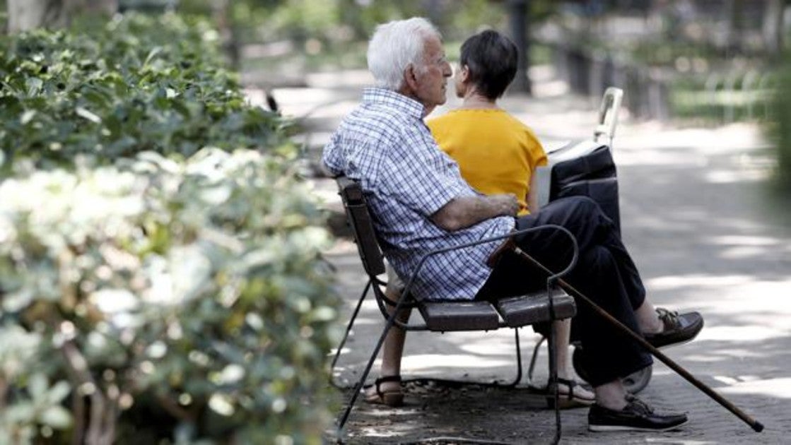 Un anciano descansa en el banco de un parque madrileño