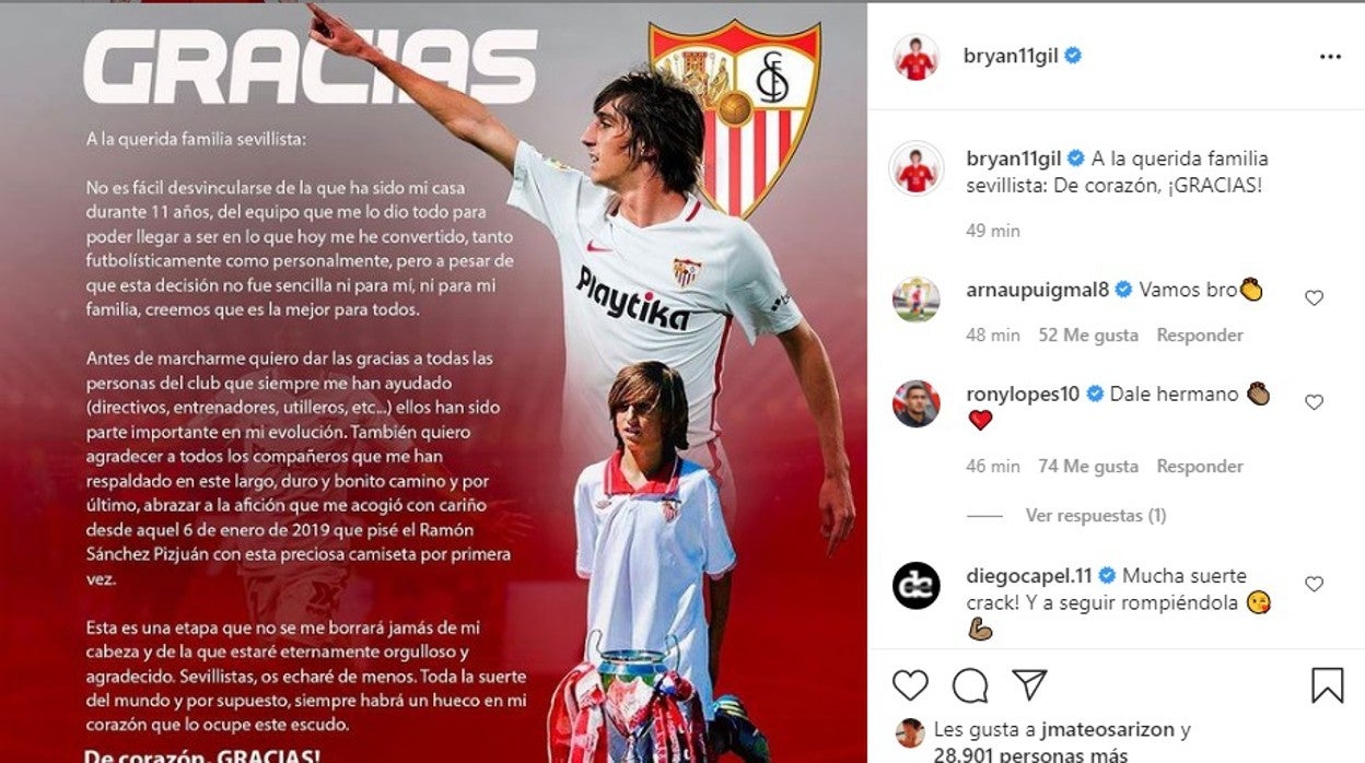 El mensaje de despedida de Bryan Gil del Sevilla FC: «Siempre habrá un hueco en mi corazón que lo ocupe este escudo»