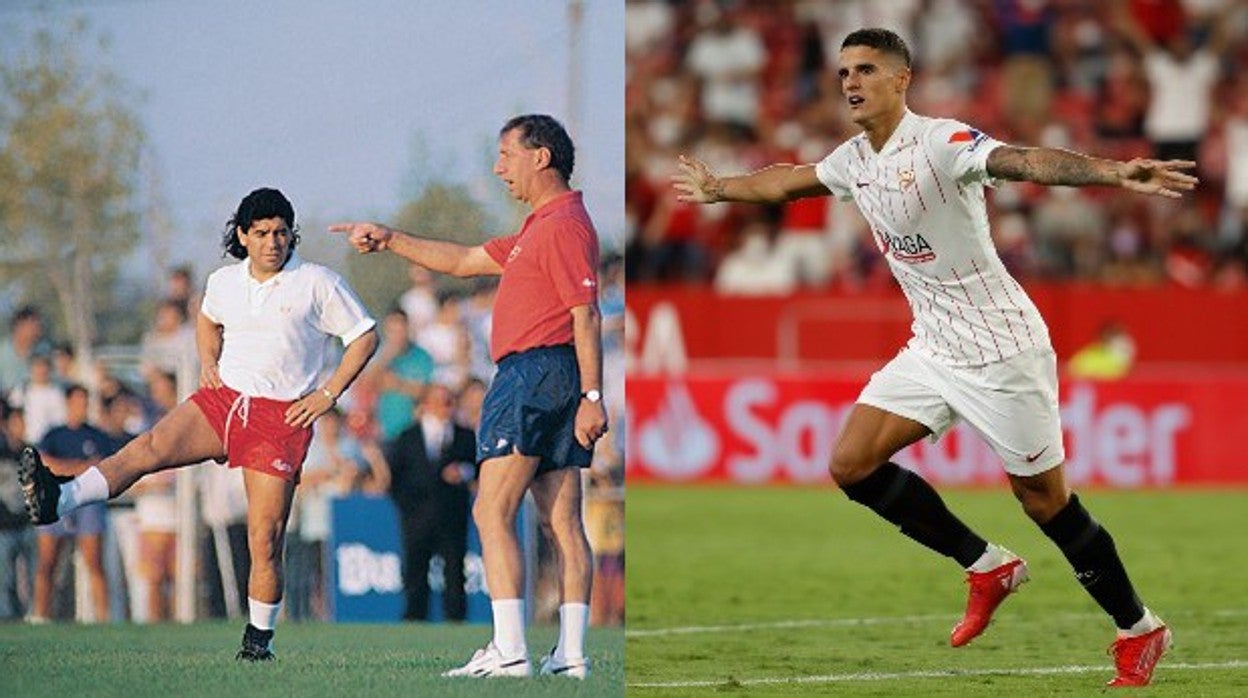 Maradona y Bilardo (izquierda) en los noventa y Lamela (derecha) en la actualidad son algunos de los argentinos que han formado parte del Sevilla FC