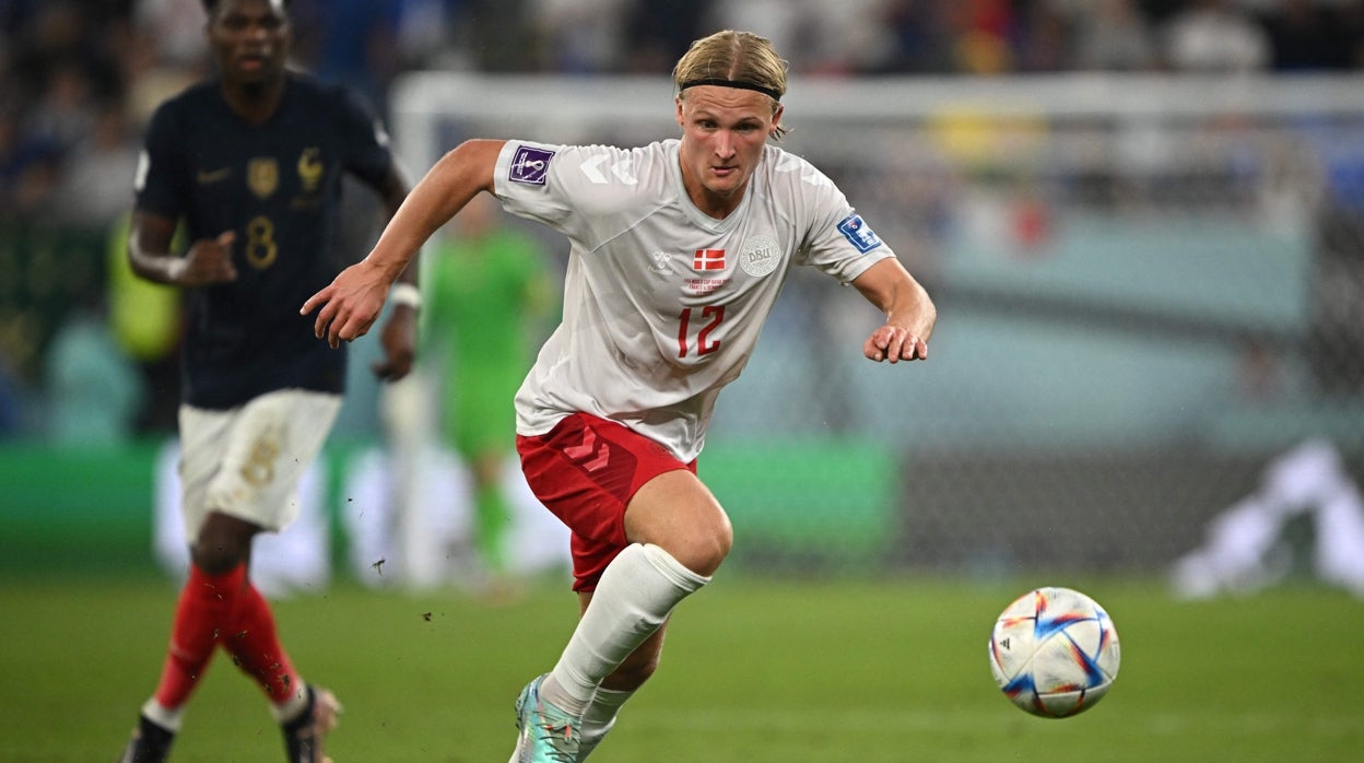 Kasper Dolberg, en el Francia - Dinamarca del Mundial de Qatar