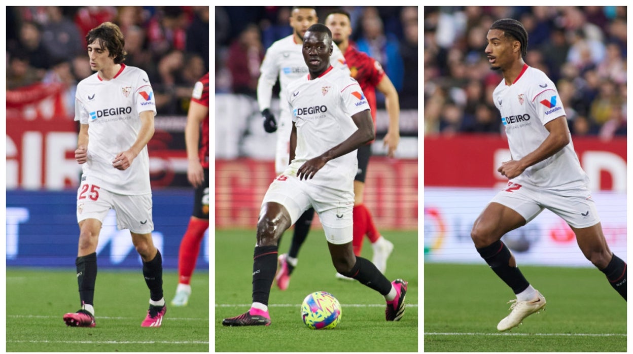 Bryan Gil, Pape Gueye y Loïc Badé, con el Sevilla FC