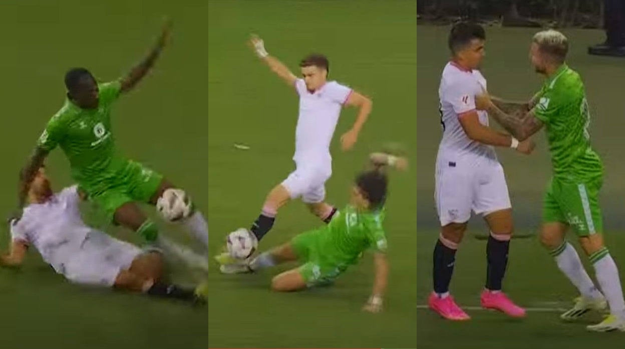 De izquierda a derecha, la entrada de Montiel a Luiz Henrique, la de Bellerín a Pedrosa y el enganchón entre Acuña y Aitor Ruibal