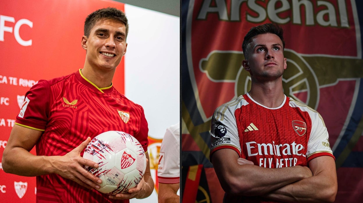 Imagen de Federico Gattoni durante su presentación con el Sevilla FC y Robert Holding posando con la camiseta del Arsenal